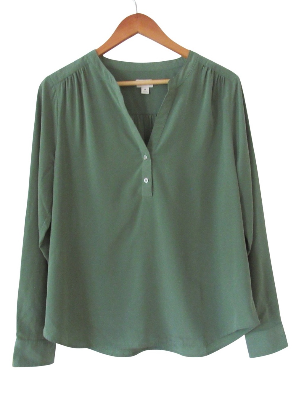 J Crew Factory Popover Placket Blouse Medium Green V-Neck Long Sleeve Office